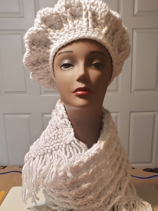 Hand Crafted Accessories - Hand Crafted Cream Knit Beret with Matching Fringe Scarf